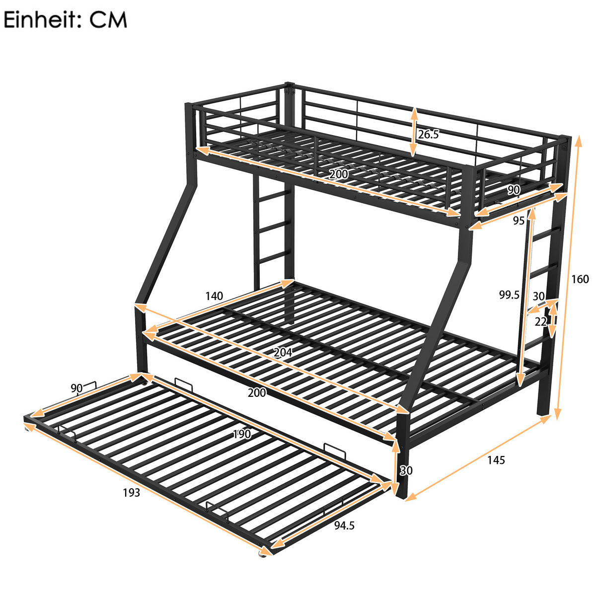 ETAGENBETT aus Metall 90/140x200 cm in Schwarz mit Ausziehbett - Schwarz, Metall (90/190cm) - Modfu