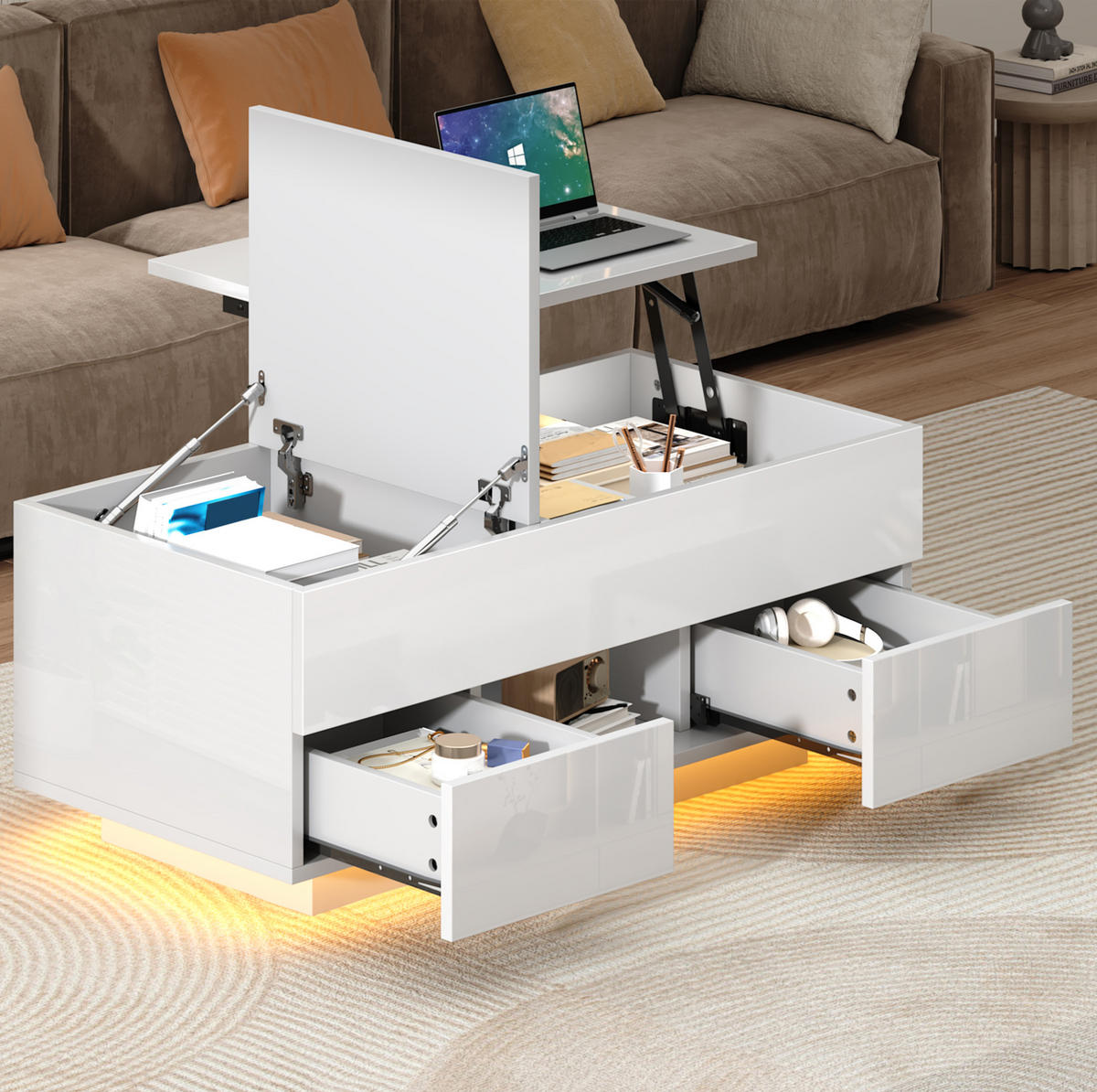 COUCHTISCH höhenverstellbar 100 x 45 x 43 cm Weiß mit 2 Schubladen LED - Weiß, Holzwerkstoff (100/45/43cm) - Meubliv