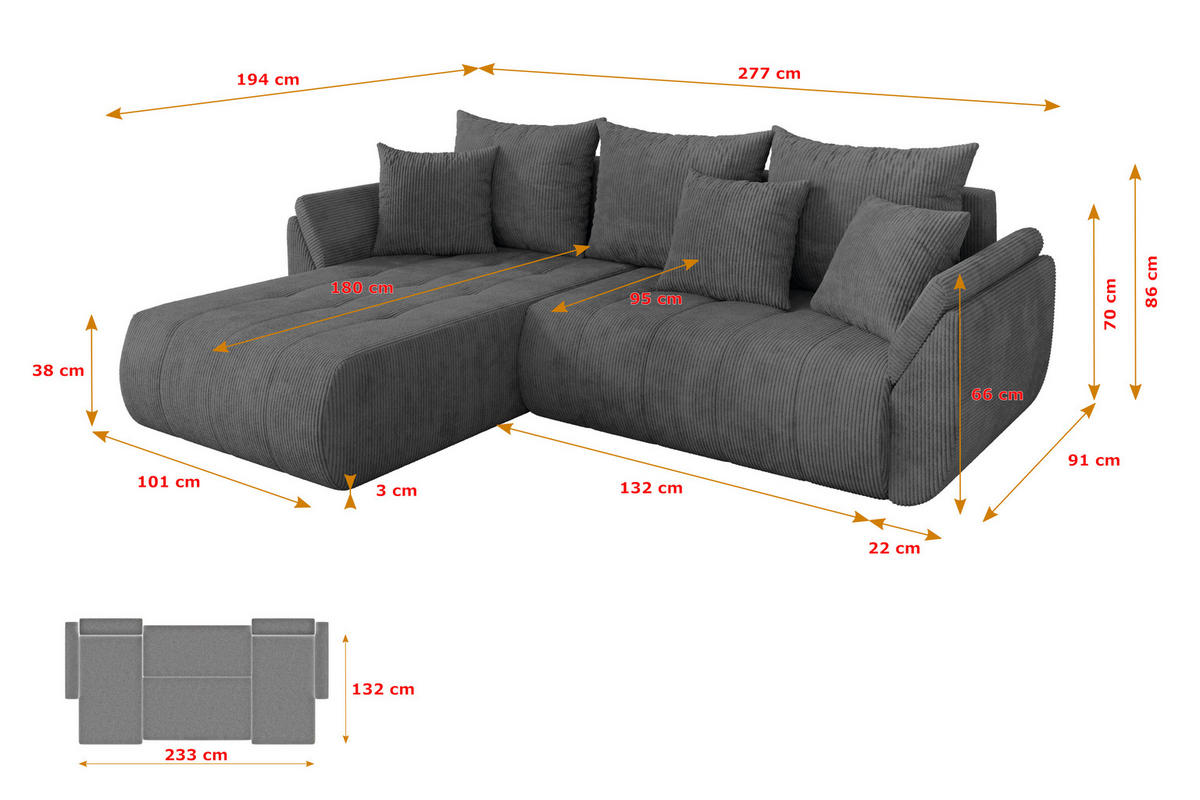 ROHOVÁ SEDAČKA s funkcí spaní, otoman vlevo TOKO-L 277x194x86 tmavě šedá manšestr - černá/tmavě šedá, kompozitní dřevo/textil (277/194cm) - ALTDECOR