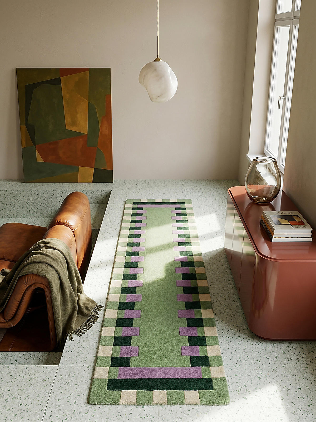 WOLLTEPPICH WENSUM, geometrisch, Grün-Lila, 60 x 230 cm - Grün, Textil (60/230cm) - KADIMA DESIGN