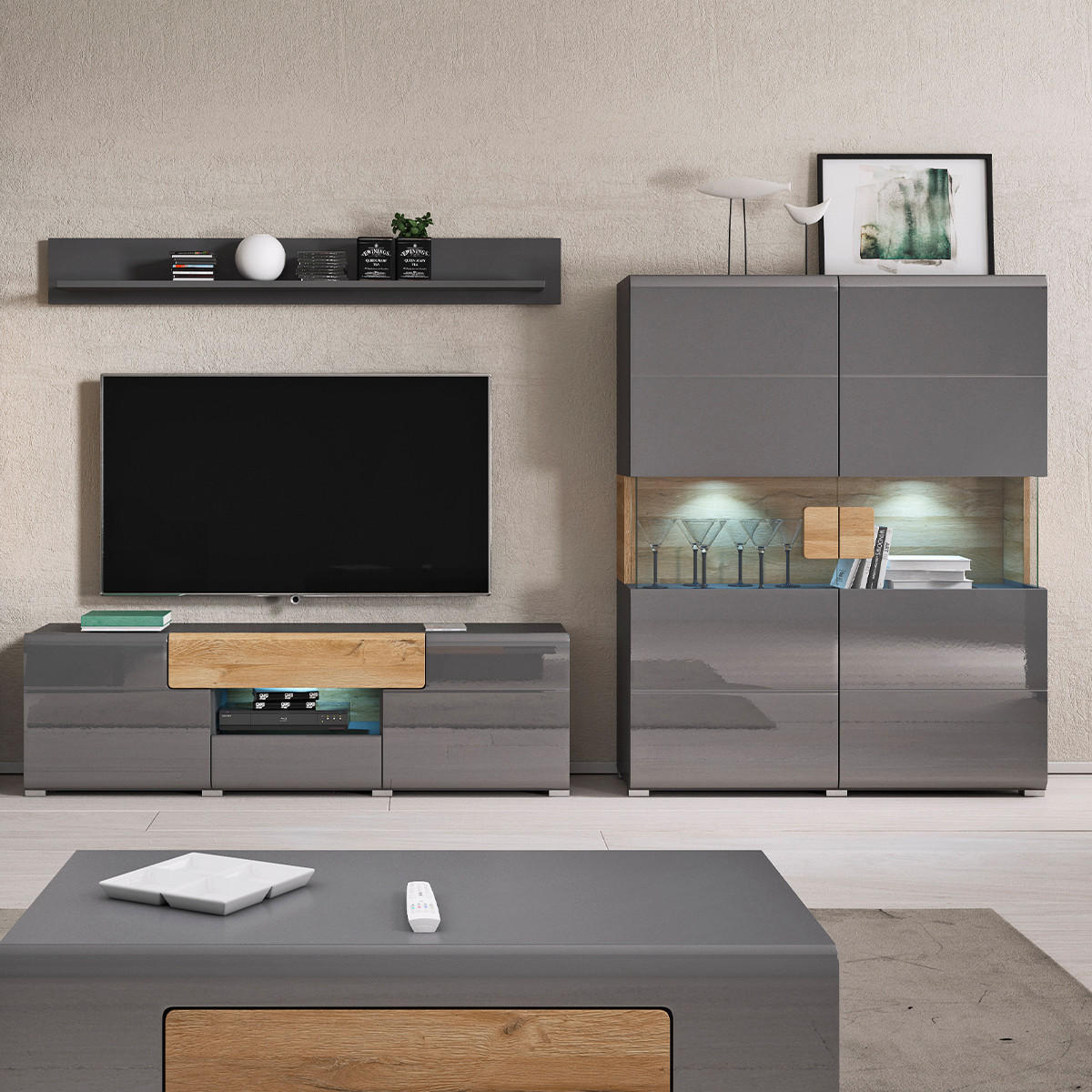 VITRÍNA Jules Šedá a dřevo - šedá, kompozitní dřevo (122/152/39cm) - Petits-meubles