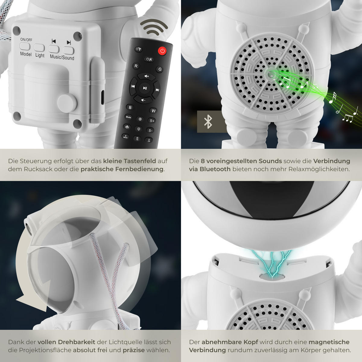 LED-STERNENHIMMEL-PROJEKTOR Astronaut,Bluetooth- und Music-Funktion mit 8 Sounds sowie Timer,weiß - Weiß, Kunststoff (11.5/12/23.5cm) - tectake