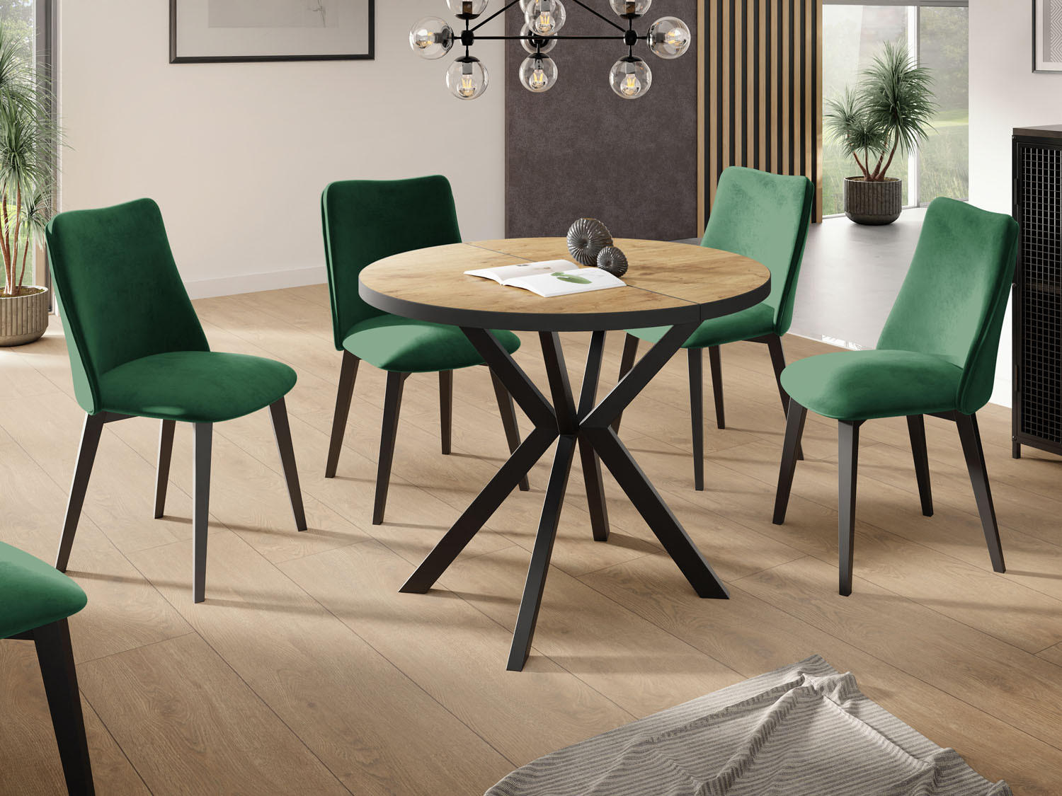 ESSTISCH Vincento runder ausziehbar, Lancelot Eiche 100-180/100/76 cm - Eichefarben/Schwarz, Holzwerkstoff/Metall (100/100/76cm) - WFL GROUP
