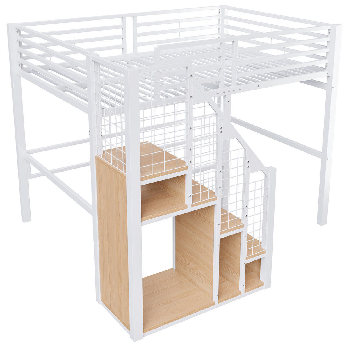 HOCHBETT 180/200 cm weiß aus Metall mit Stauraum und Treppe - Weiß, Holzwerkstoff (140/200cm) - OKWISH