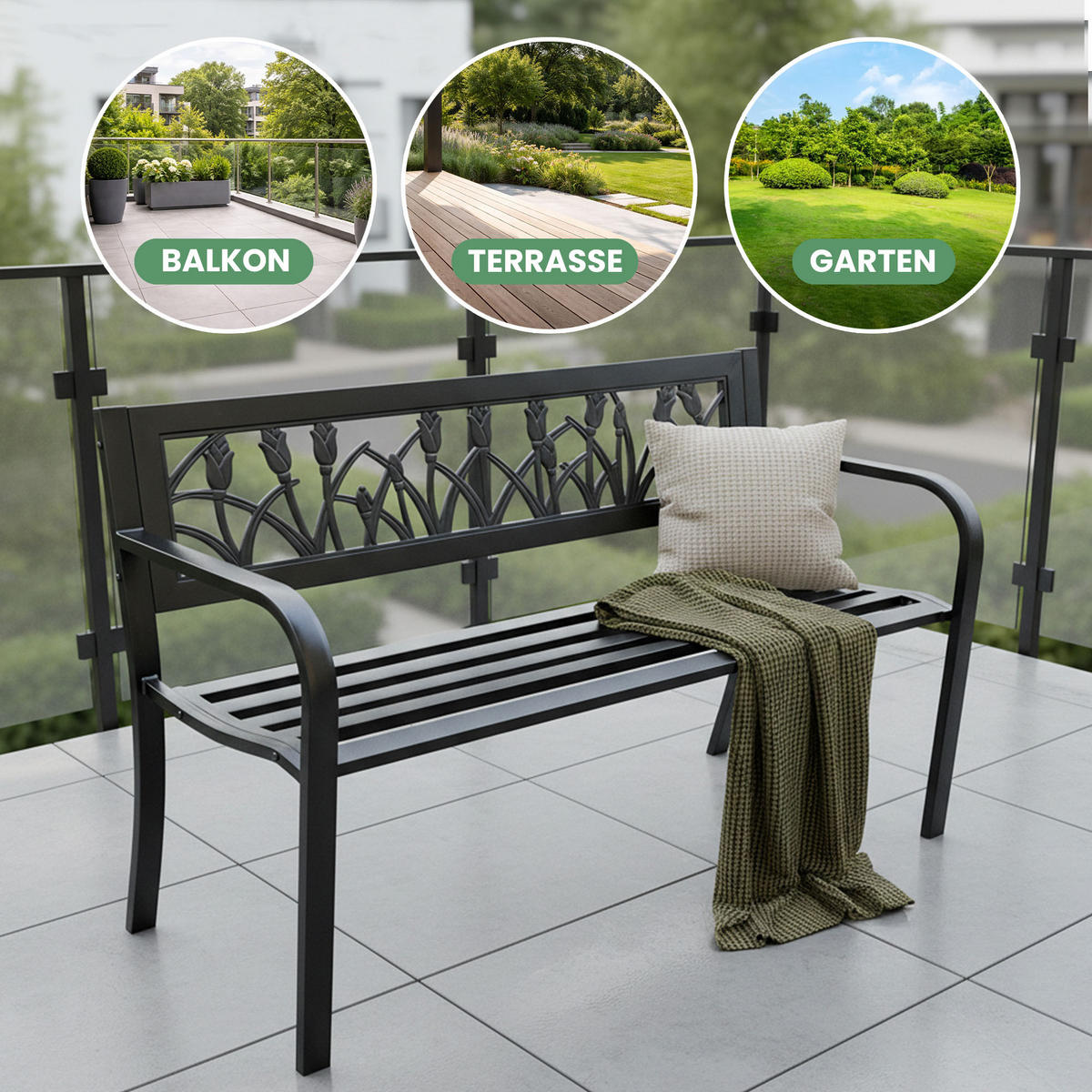 GARTENBANK LISSA Schwarz 124 x 75 x 50 cm - Schwarz, Metall (124/75/50cm) - Akord