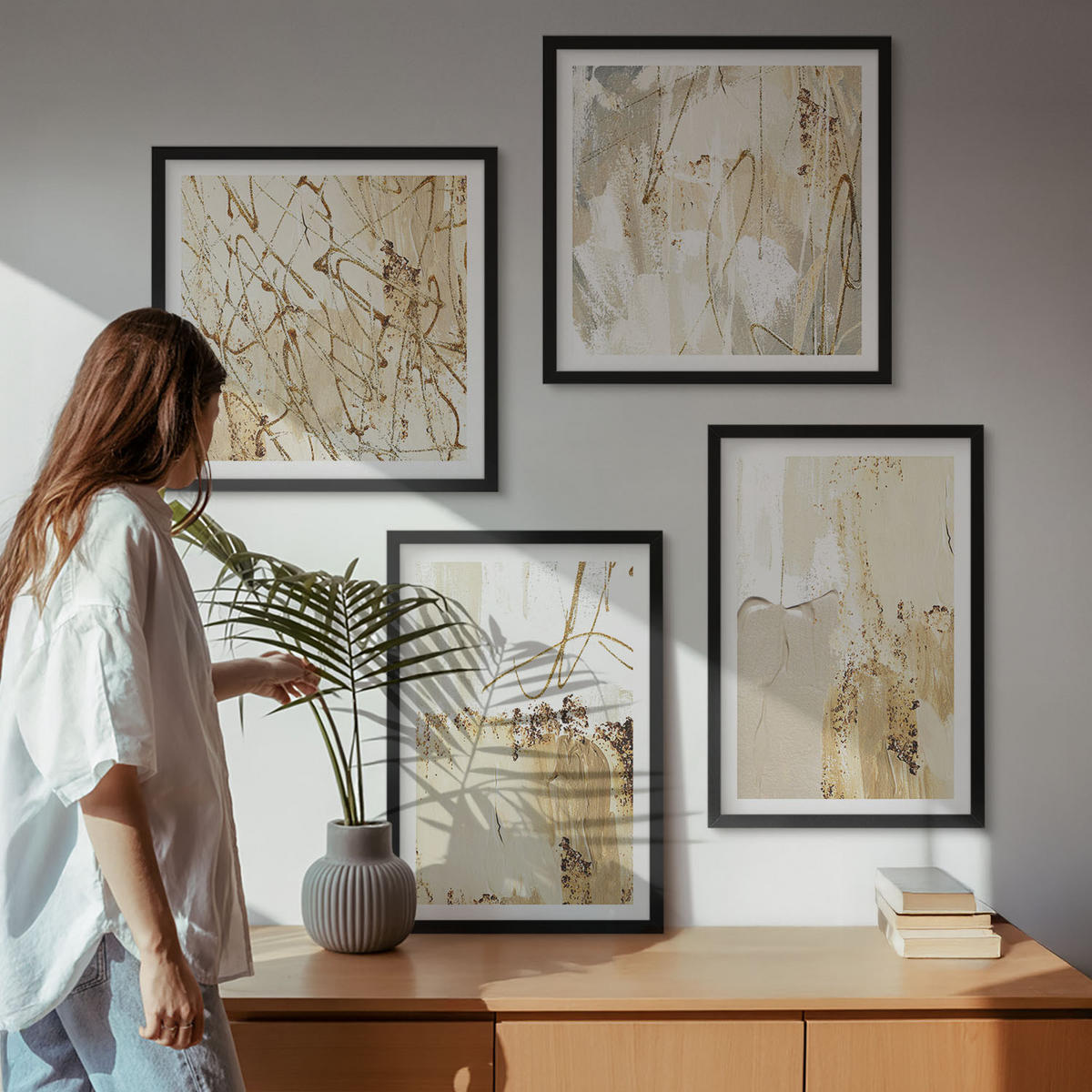 WANDBILDER 4er-Set - 50x50 cm & 40x60 cm Schwarzer Rahmen - Abstrakte Muster beige weiß - Schwarz, Kunststoff (50/50cm) - ArtPrintCave