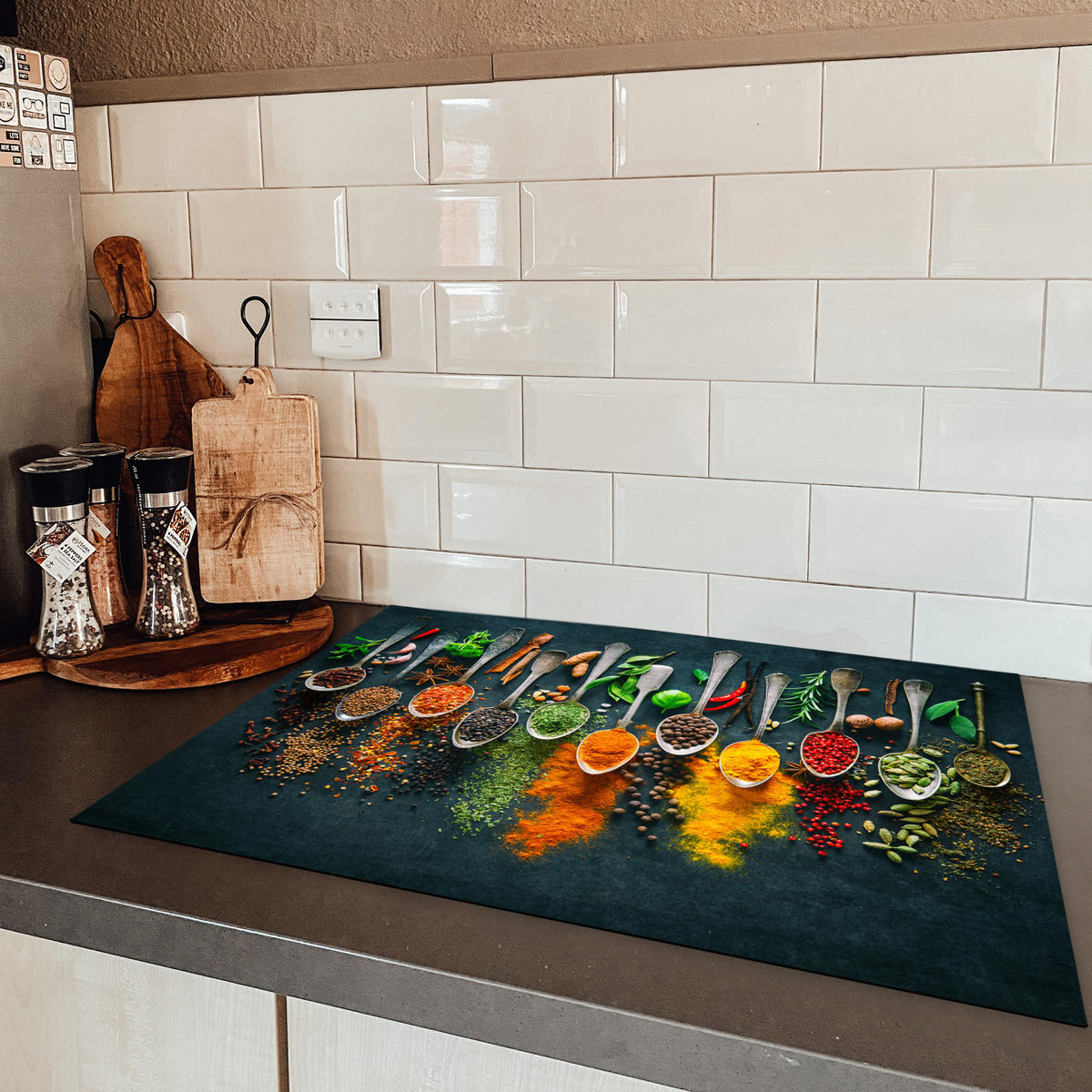 HERDABDECKPLATTE Kräuter - Gewürze - Löffel 75x52 cm - Multicolor, Kunststoff (75/52/0.2cm) - MuchoWow