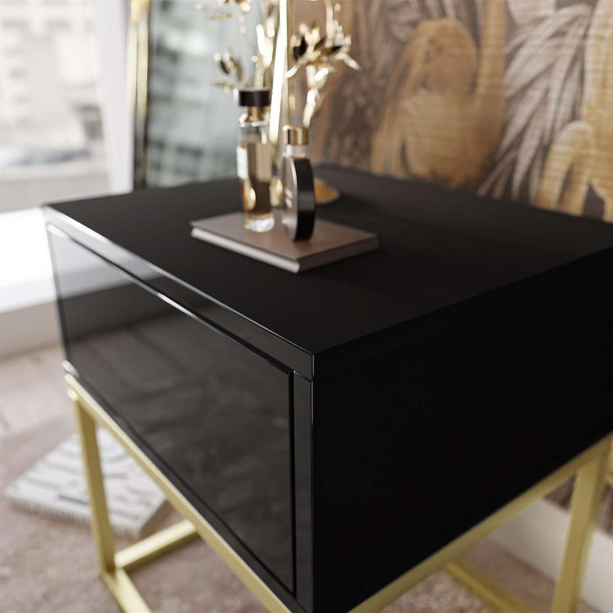 NACHTTISCH BLANCO GOLD II auf goldenem Gestell Schwarz Hochglanz - Schwarz Hochglanz, Holzwerkstoff (45/52/36.5cm) - Lookway