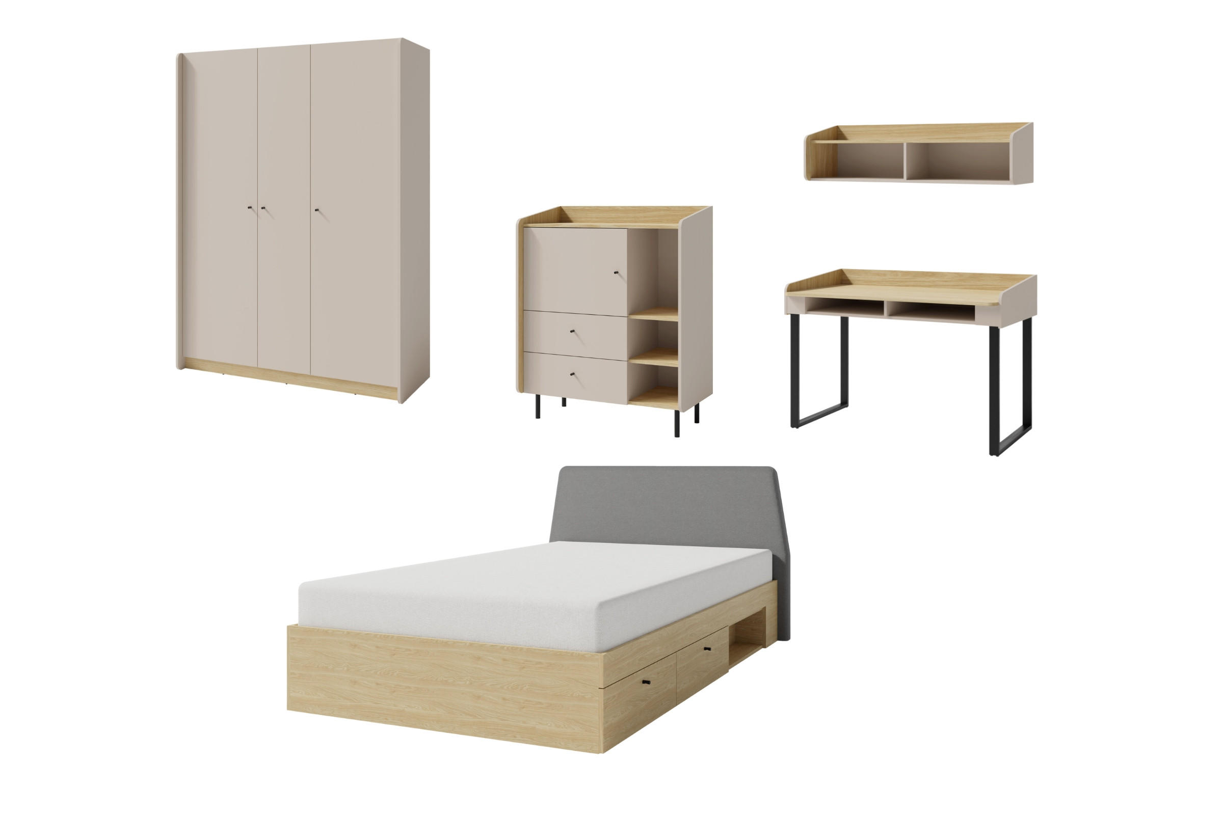JUGENDZIMMER ALBI 2 in Sandbeige / Geölte Eiche 5-teilig - Eichefarben/Beige, Holzwerkstoff (607/195/137cm) - Deine Möbel 24