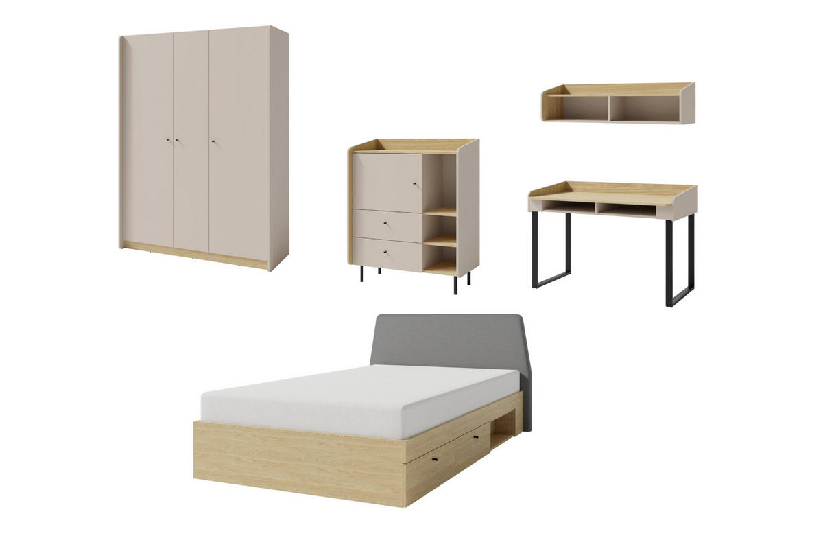 JUGENDZIMMER ALBI 2 in Sandbeige / Geölte Eiche 5-teilig - Eichefarben/Beige, Holzwerkstoff (607/195/137cm) - Deine Möbel 24