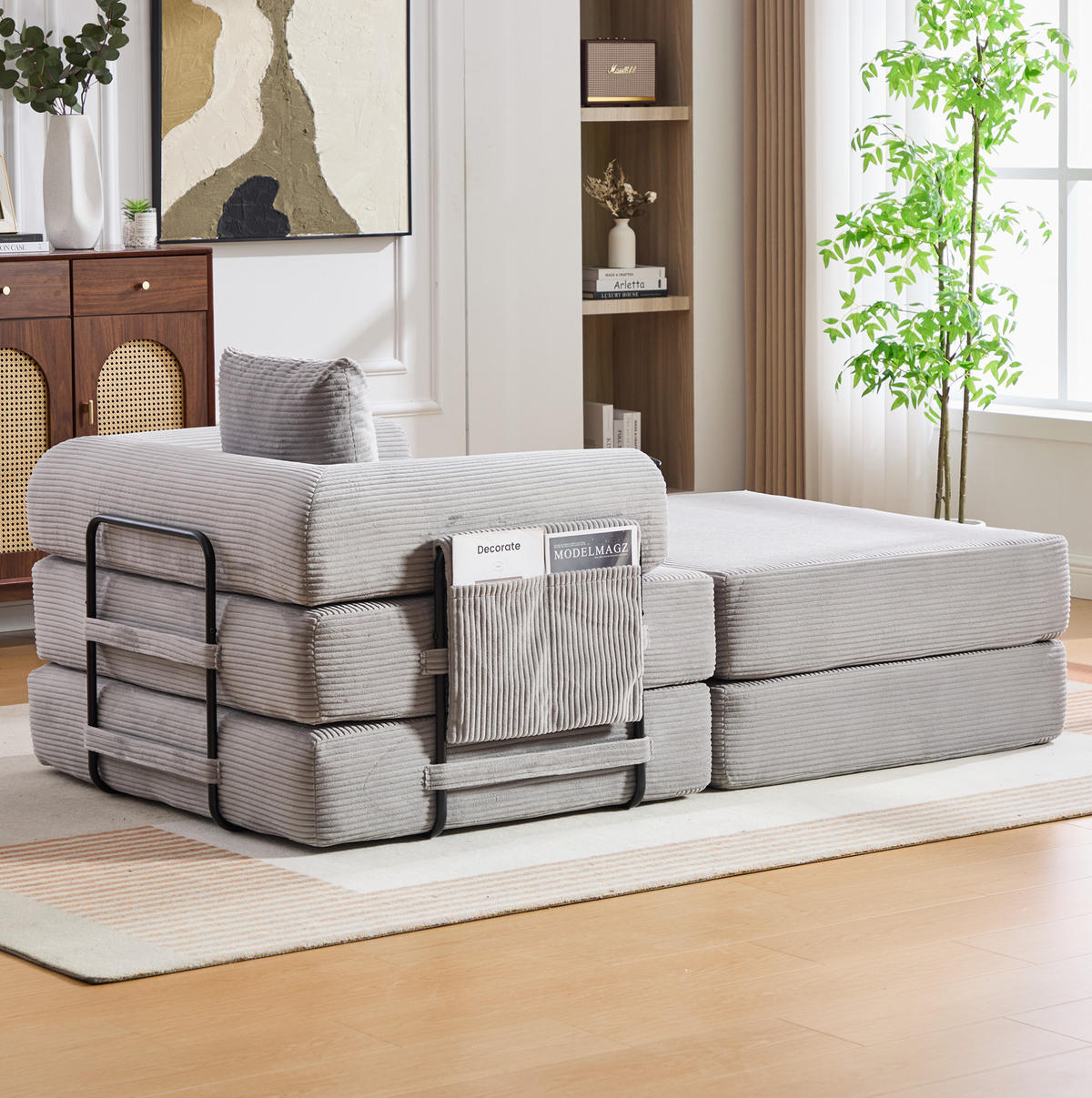 SOFA modular mit Hocker 112 x 190 cm Cord Hellgrau - Hellgrau, Kunststoff (190/67/112cm) - Meubliv