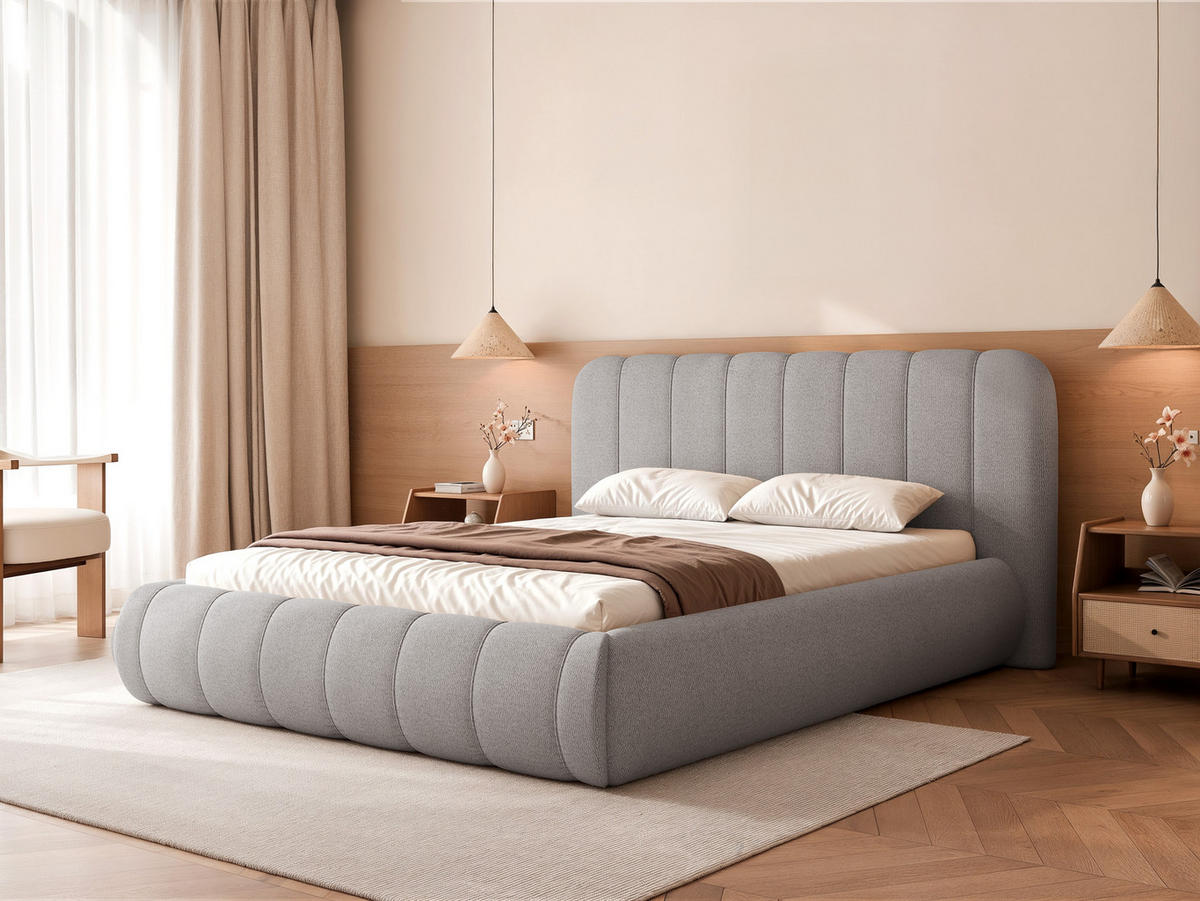 POLSTERBETT Gallo 160x200 cm Grau Schlingengewebe – (Doppelbett mit Bettkasten, Lattenrost, voluminöses Kopfteil) - Grau, Holz/Holzwerkstoff (160/200cm) - Ravio