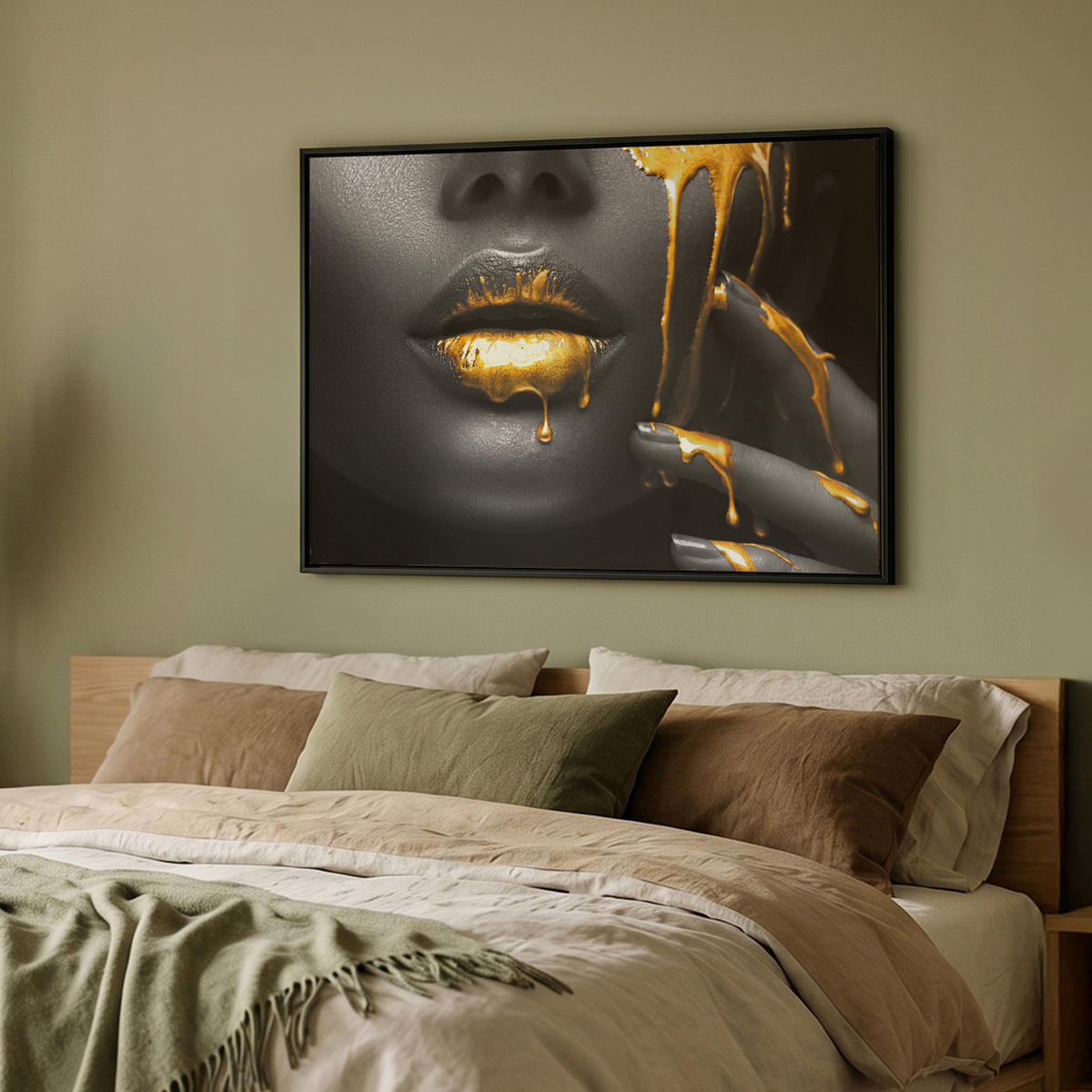 LEINWAND Bilder mit Rahmen - Frau - Schwarz - Gold - Gesicht - Lippen - 100x70 - Goldfarben, Textil (100/70cm) - MuchoWow