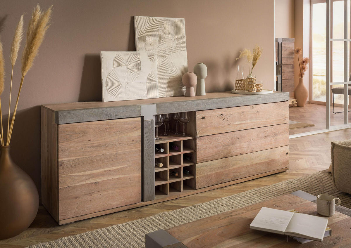 SIDEBOARD Akazie 215x45x75 beige lackiert Amsterdam #129 - Beige, Holz (215/75/45cm) - Massivmoebel24