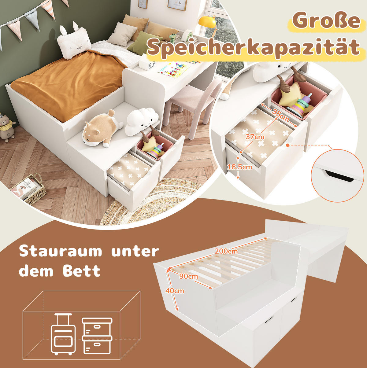 KINDERBETT 90/200 cm Weiß aus Kiefer-Massivholz und MDF mit Schreibtisch und Schubladen - Weiß, Holz (90/200cm) - OKMYHOME