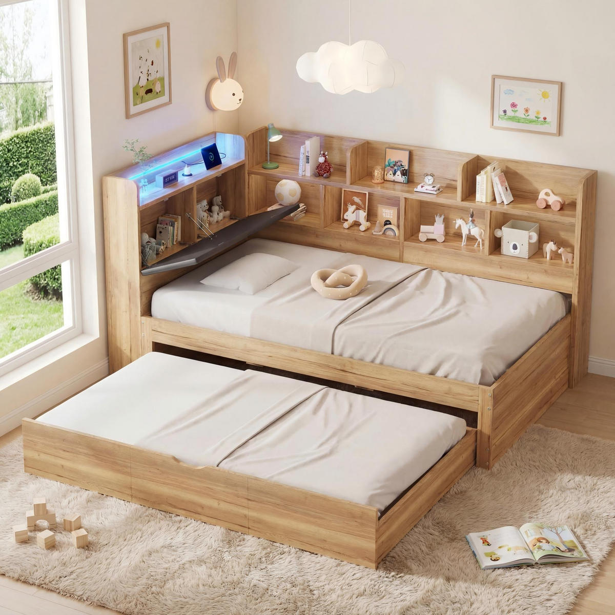 KINDERBETT Natur 90x200 LED USB Ausziehbett Stauraum Holz - Naturfarben, Holzwerkstoff (90/200cm) - FLIEKS
