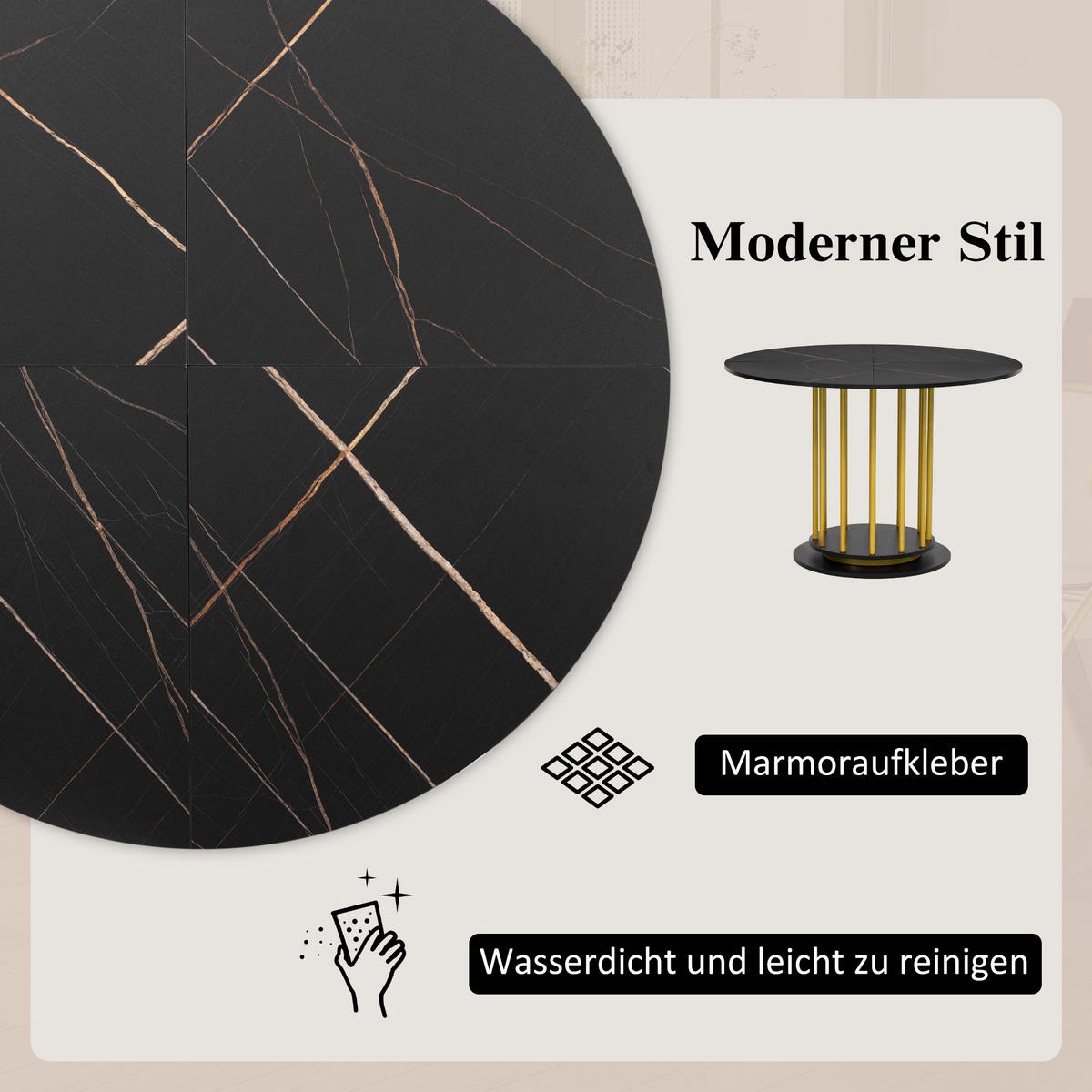ESSTISCH SET rund Schwarz mit goldfarbenem Gestell und 4 Stühlen in Wildlederoptik - Braun, Holzwerkstoff (110/74.6/110cm) - Urban Meuble