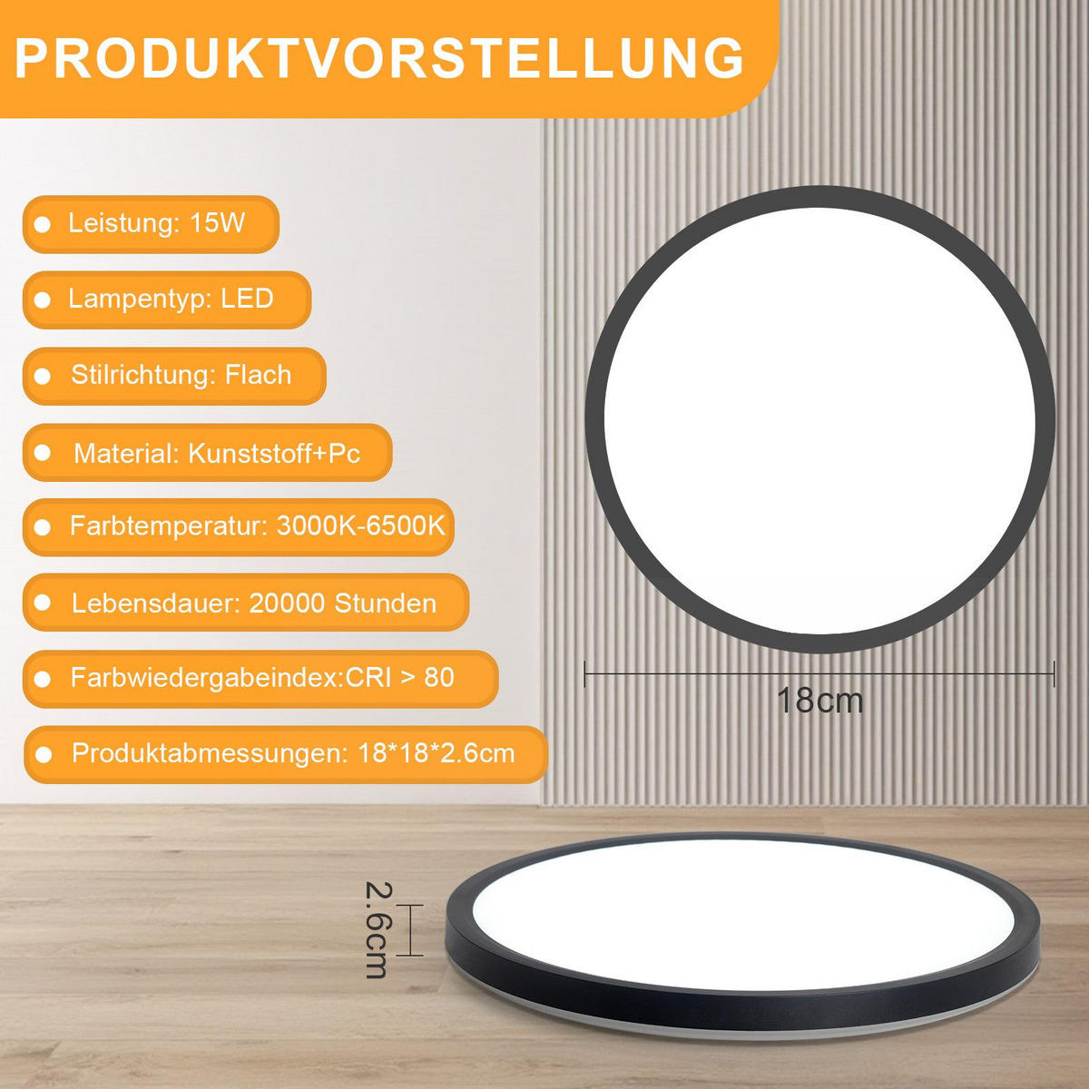 LED-DECKENLEUCHTE Mak 18/18/2.6 cm - Schwarz, Kunststoff (18/18/2.6cm) - Nettlife