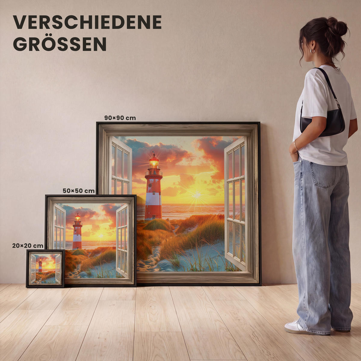 LEINWAND Bilder mit Rahmen - Aussicht - Fenster - Leuchtturm - Sonnenuntergang - Strand - 50x50 - Dunkelorange, Textil (50/50cm) - MuchoWow