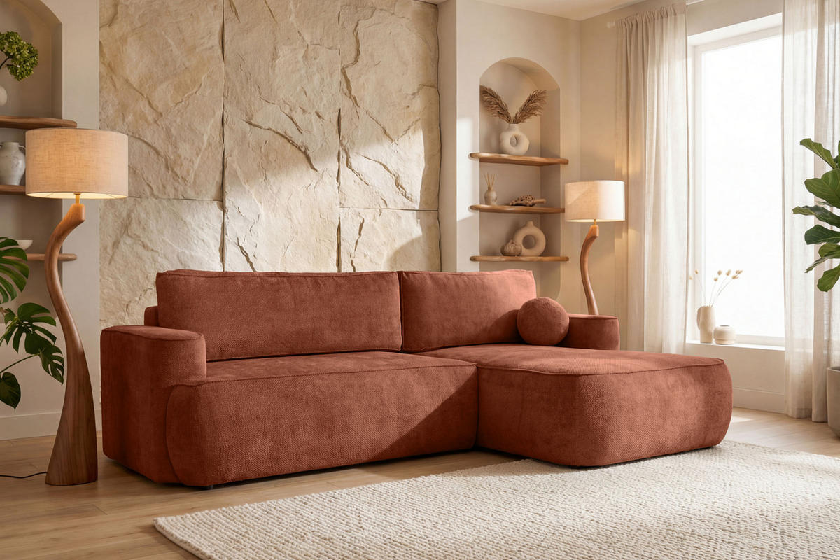 ECKSOFA Marion mit Schlaffunktion & Bettkasten in Chenille Terakotta, Orange, Rechts 267/154/83 cm - Terracotta/Schwarz, Kunststoff/Textil (267/154cm) - WFL GROUP