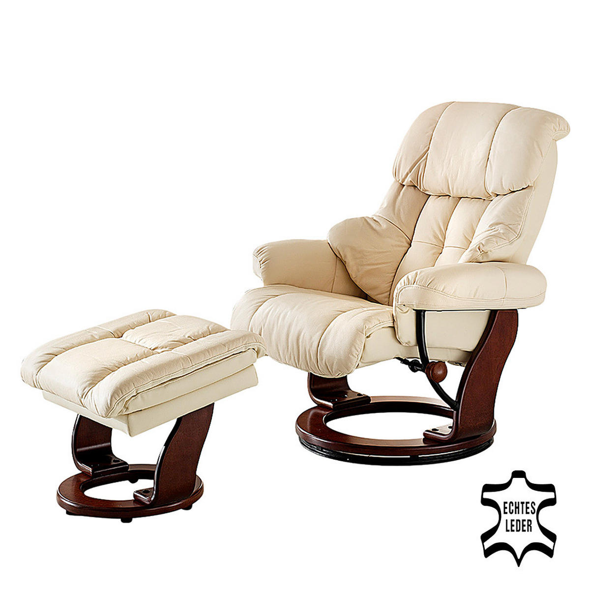 RELAXSESSEL mit Hocker - Echtleder / Kunstleder - Creme/Braun, Leder/Birkenholz (90/104/91cm) - home24