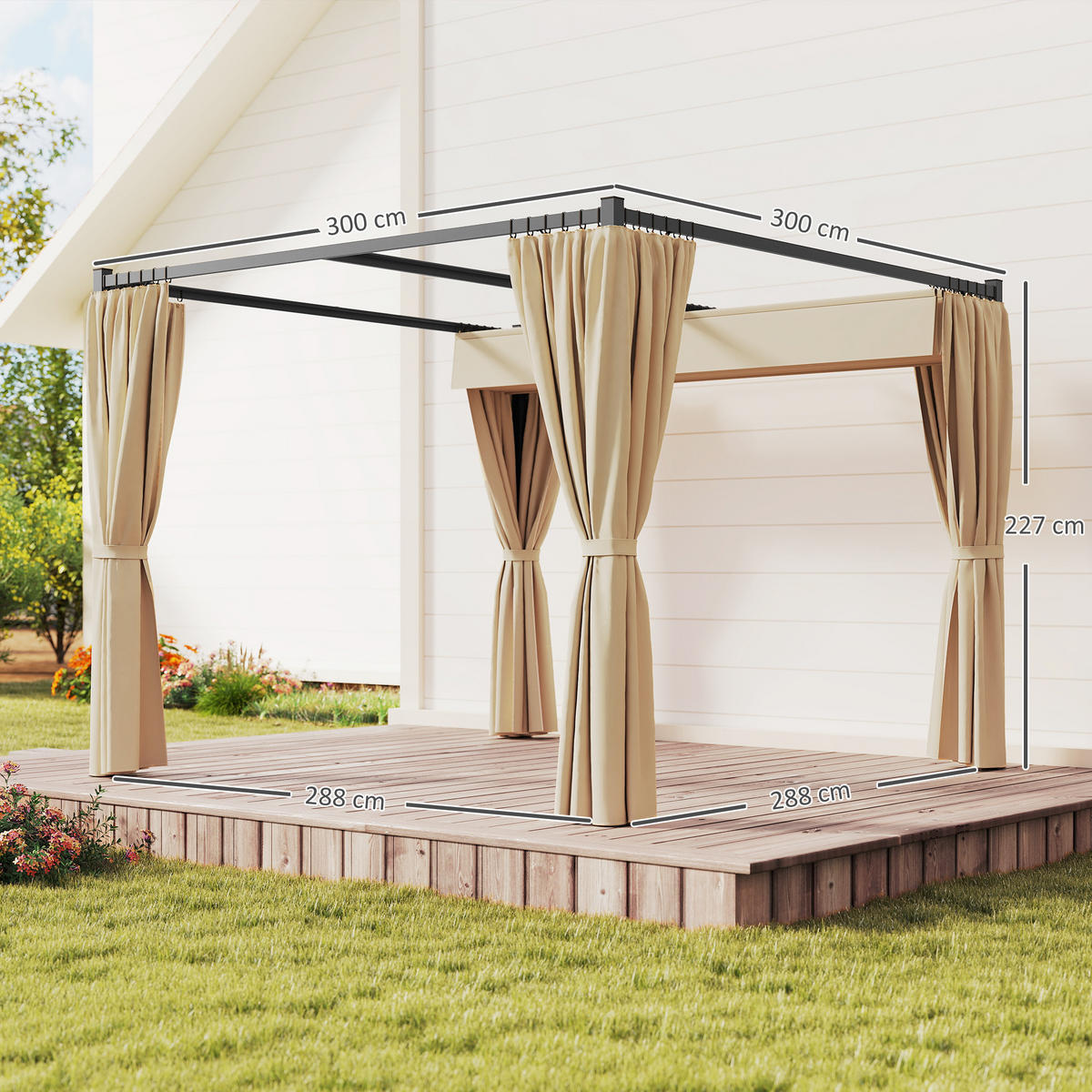 PERGOLA mit Schiebedach, 4 Seitenwände Beige 3 x 3 m - Beige, Textil/Metall (300/227/300cm) - Outsunny