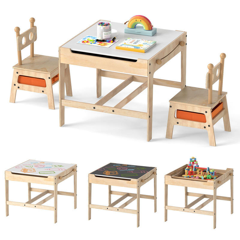 KINDERTISCH mit Stühlen natur(3-tlg) - Naturfarben, Holzwerkstoff (60/49/60cm) - COSTWAY