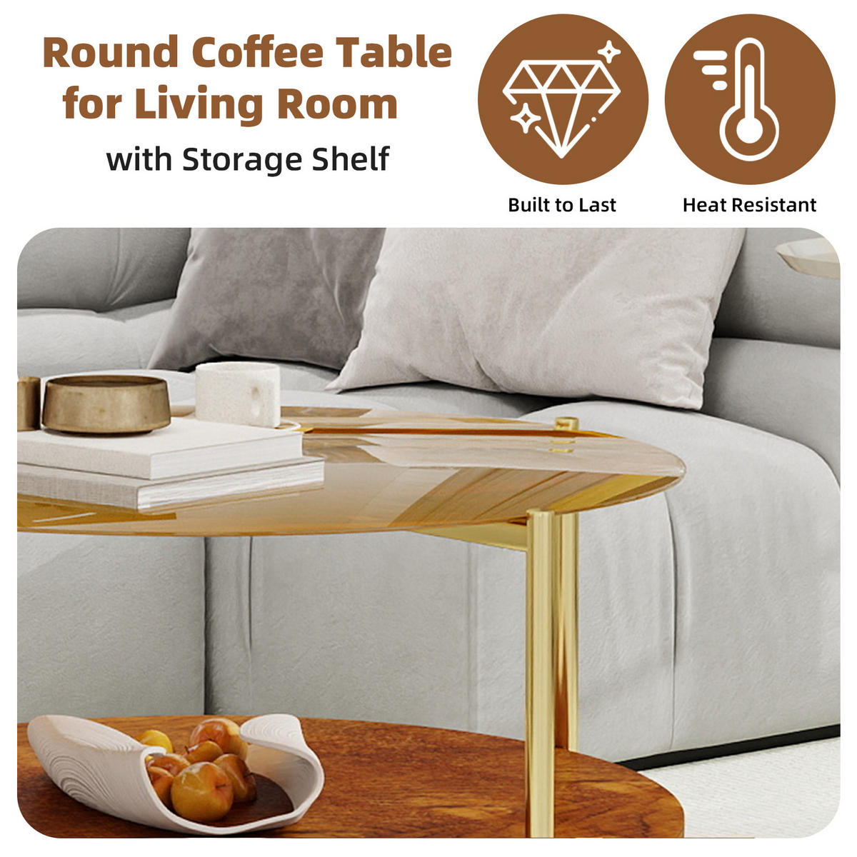 COUCHTISCH DE-37287 rund mit Goldglasplatte und zweistufigem Design Gold - Goldfarben, Metall (82/82/45cm) - ComfortXL