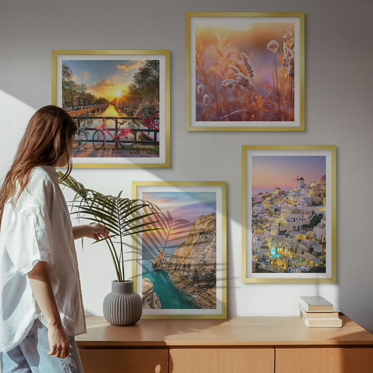 BILDER SET 4er Set - 50x50 cm & 40x60 cm Goldrahmen - Sonnenuntergänge am Meer - Goldfarben, Kunststoff (50/50cm) - TULUP