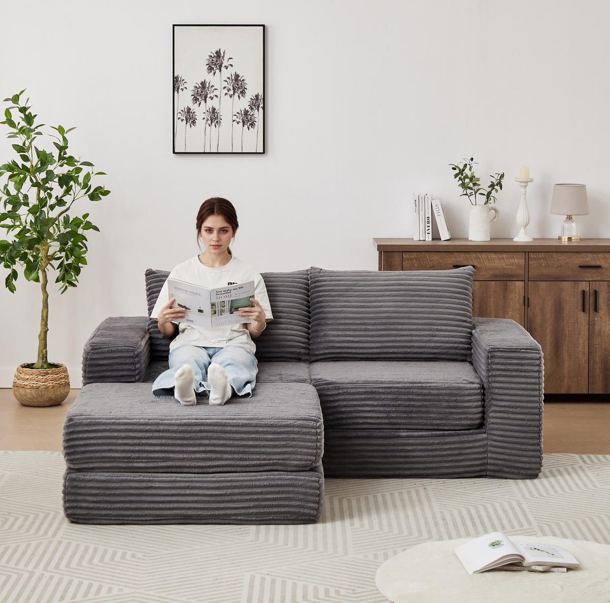 SOFA-BETT modular mit Fußstütze Cord Grey - Grau, Kunststoff (169.5/194cm) - Meubliv