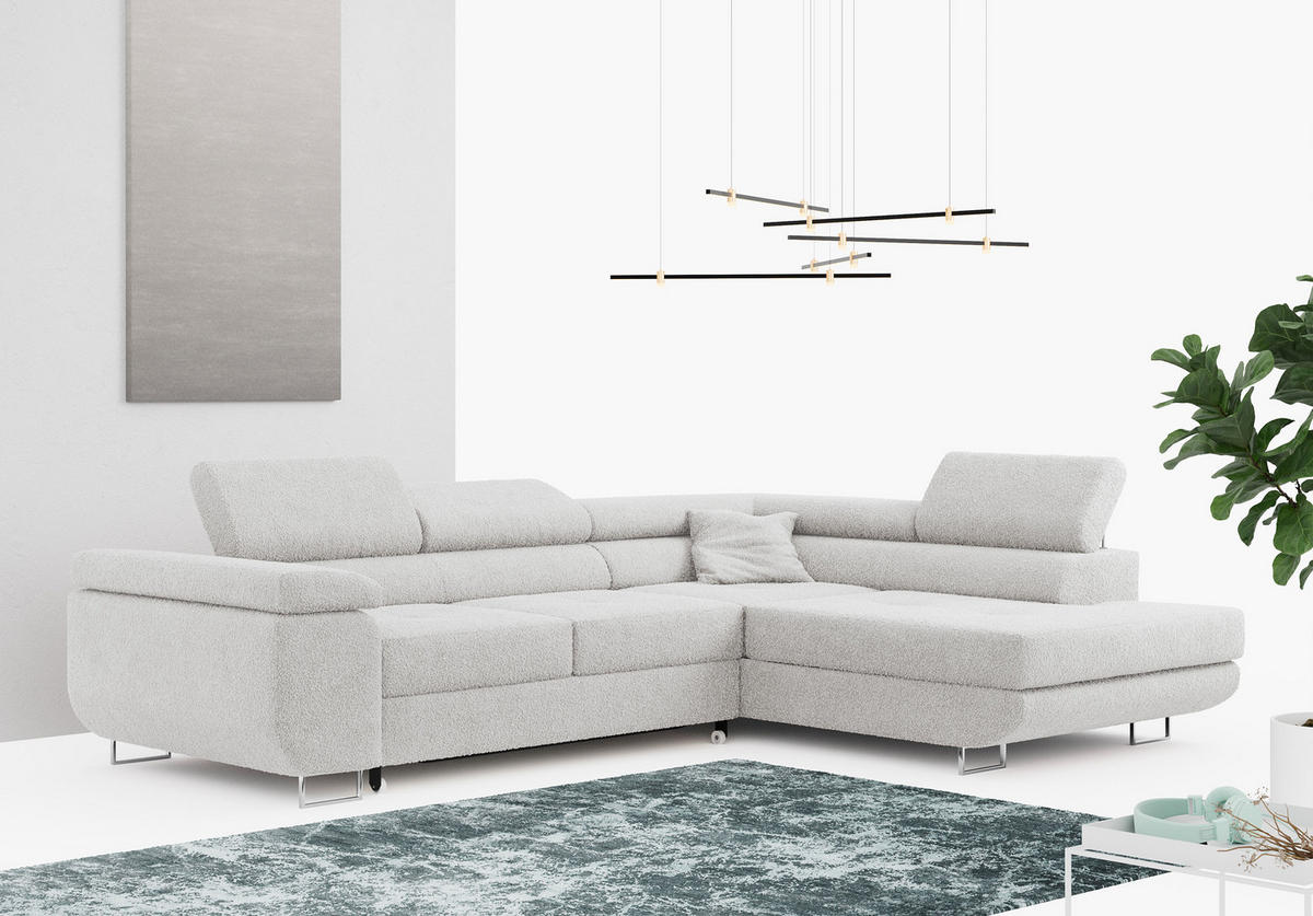 ROHOVÁ SEDAČKA GUSTAW L - Světle šedá Bouclé - Pravá Strana - stříbrná/světle šedá, kov/textil (205/275cm) - MKS