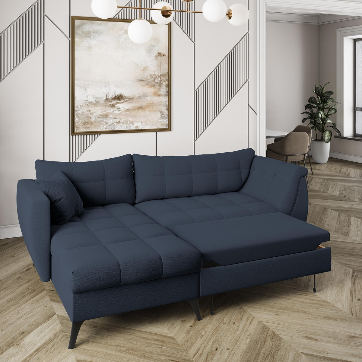 ECKSOFA MOLLIS Blau Geflochtener-Stoff mit Schlaffunktion - Blau, Holz (241/154cm) - MASSENO