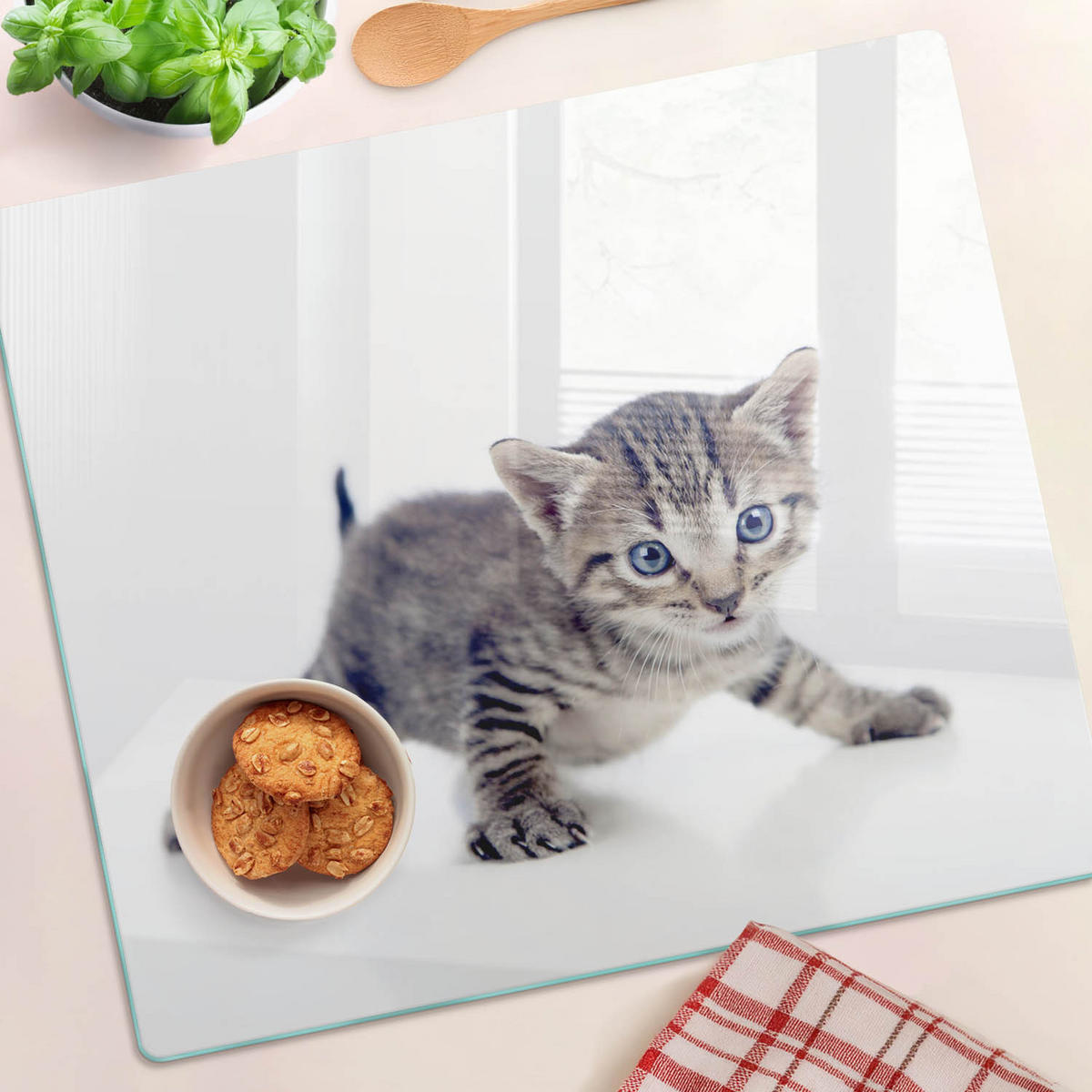 GLASPLATTE 60x52 cm Kleine Katze - Blaugrau, Glas (60/52cm) - TULUP