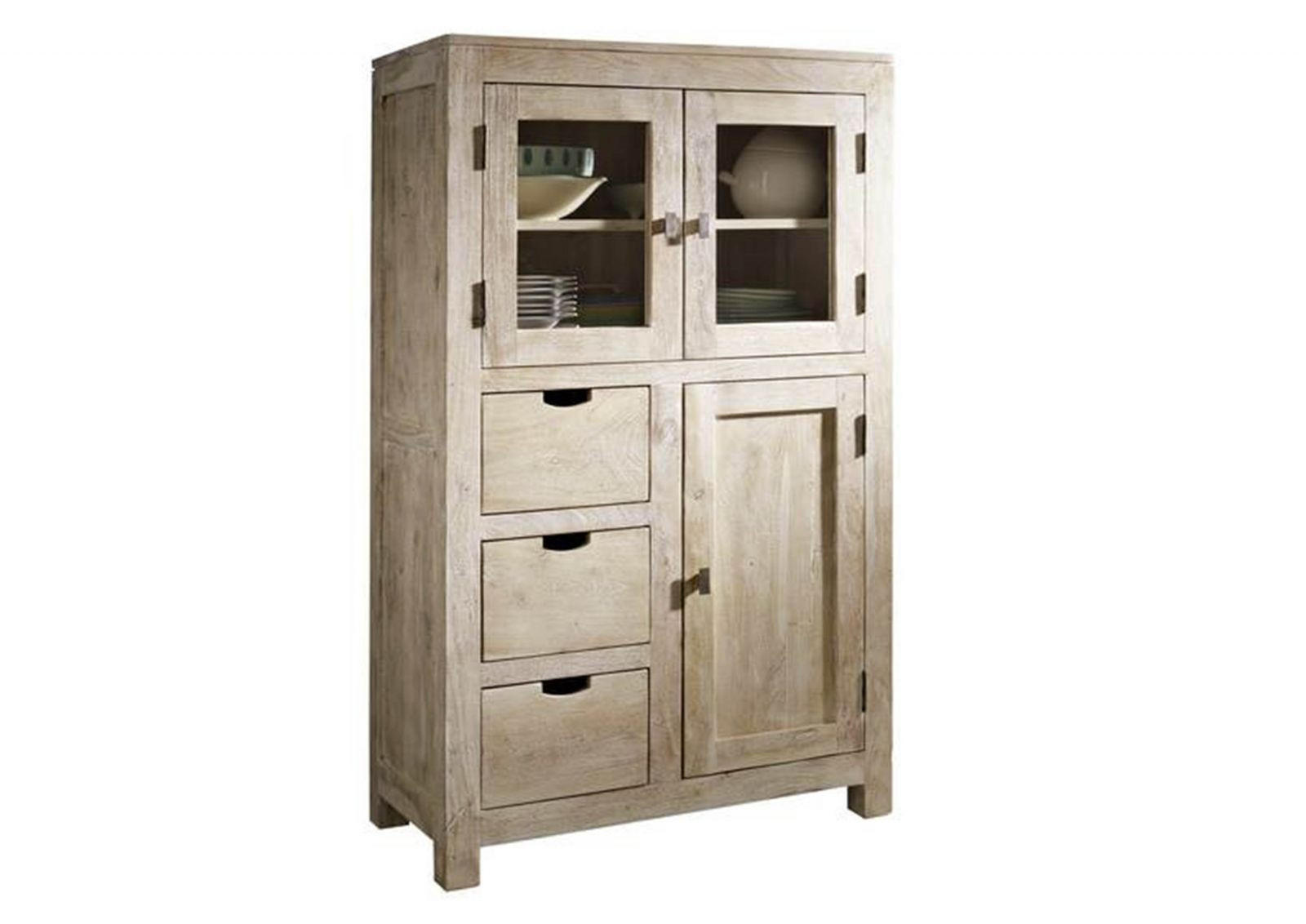 VITRINE Akazie 90x45x148 white stone getüncht NATURE WHITE #62 - Beige, Holz (90/148/45cm) - Massivmoebel24
