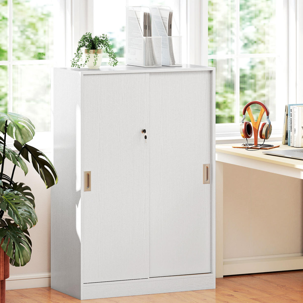 AKTENSCHRANK DE-14424 2 Schiebetüren abschließbar, 2 Böden Weiß - Weiß, Holzwerkstoff (40/120/80cm) - ComfortXL