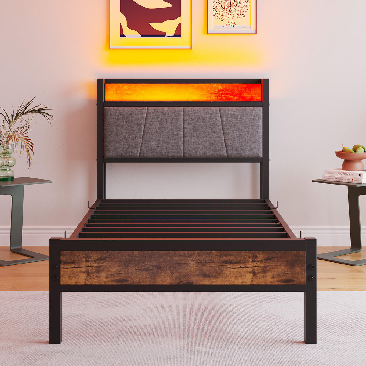 METALLBETT 90x200 cm LED USB Stauraum - Dunkelbraun, Holzwerkstoff (90/200cm) - Fortuna Lai