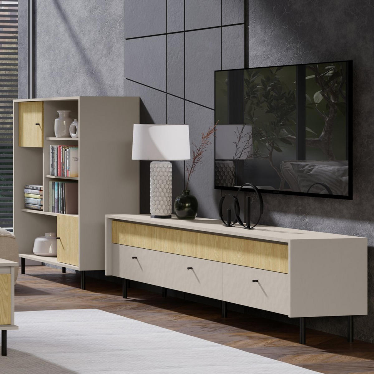 VITRINE Monako mit 2 Schubalden und 3 Türen, Beige Sand - Eichefarben/Beige, Holzwerkstoff/Metall (103/125/42cm) - Beautysofa