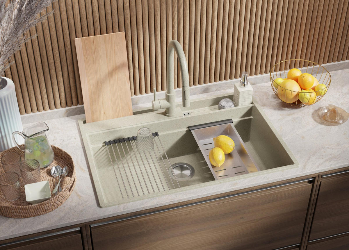 GRANITSPÜLE Oslo Pocket, 2-er set Beige 78/53 cm 1 Becken + Küchenarmatur 38/14 cm + Ablauf-Set + Küchenzubehörset ab 80er Unterschrank - Chromfarben/Beige, Kunststoff (78/20/53cm) - Primagran