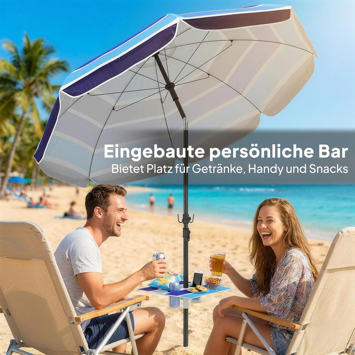 STRANDSCHIRM DE-05609 Mit klappbarem Tisch & Getränkehalter Mehrfarbig - Multicolor, Textil/Metall (198/198cm) - ComfortXL