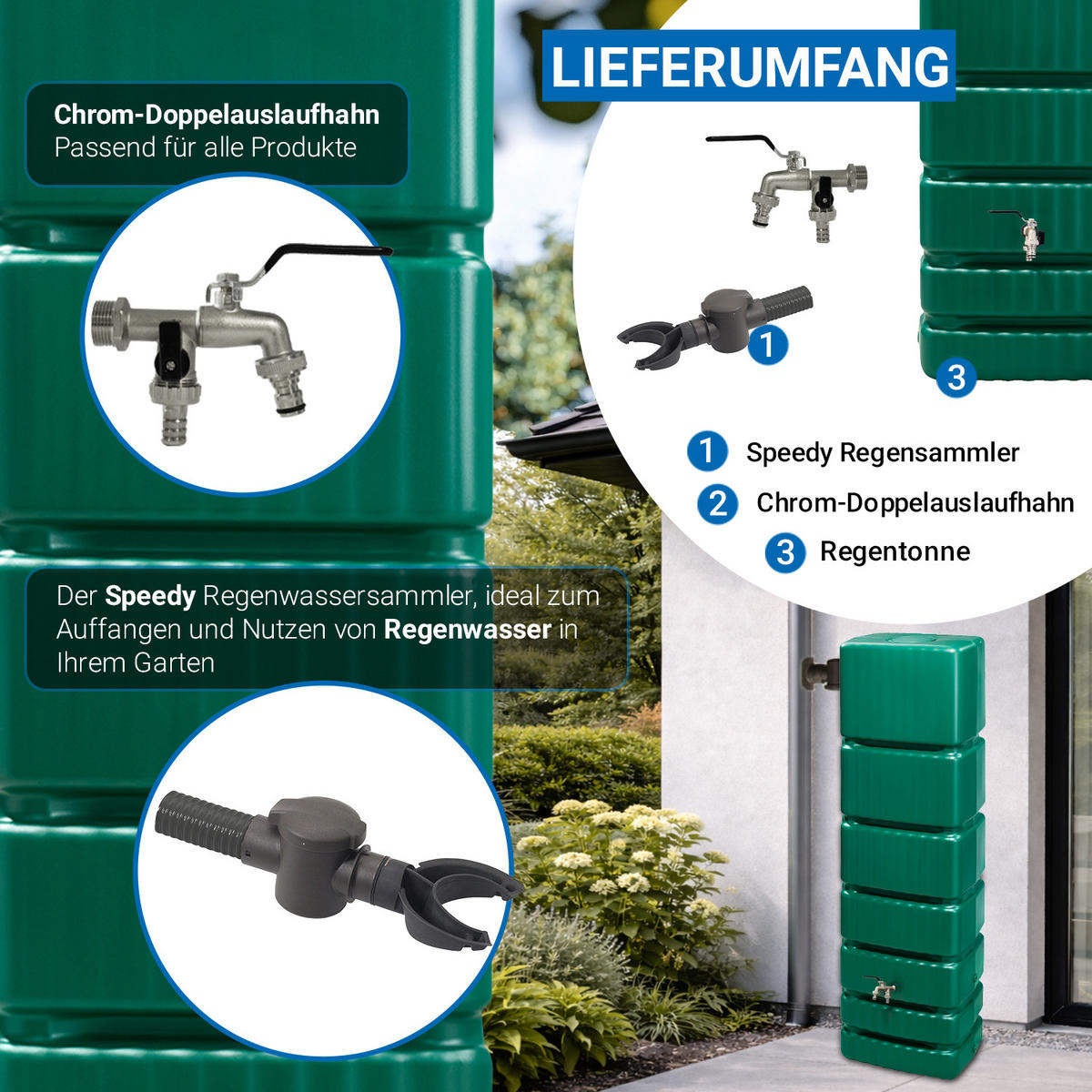 REGENTONNE Wandtank Komplett-Set 350 L, dunkelgrün inkl. Chrom-Doppelauslaufhahn und Fallrohranschluss - Grün, Kunststoff (39/184/60cm) - 4rain