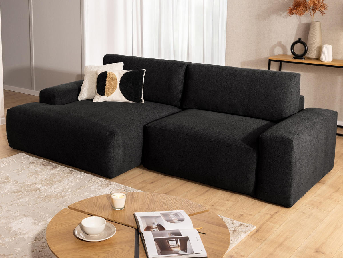 ECKSOFA Lennon aus Schwarz Strukturstoff mit Schlaffunktion und Bettkasten - Schwarz, Holz/Kunststoff (137/264cm) - S-Style