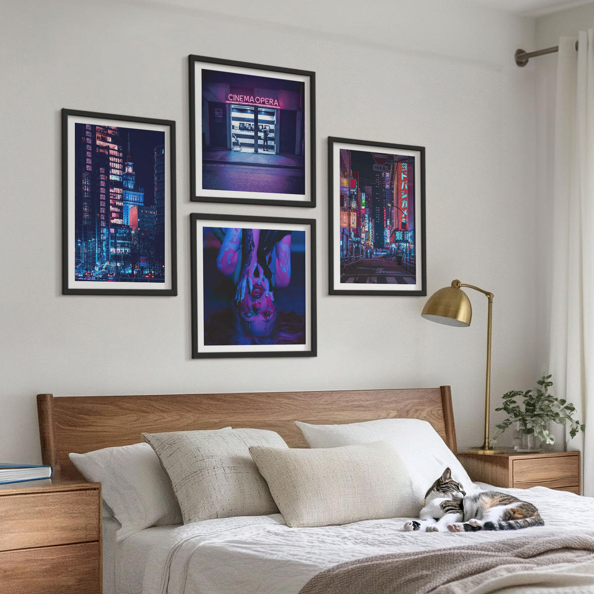 WANDBILDER 4er-Set - 50x50 cm & 40x60 cm Schwarzer Rahmen - Nachtstadt mit Neonlichtern - Schwarz, Kunststoff (50/50cm) - ArtPrintCave