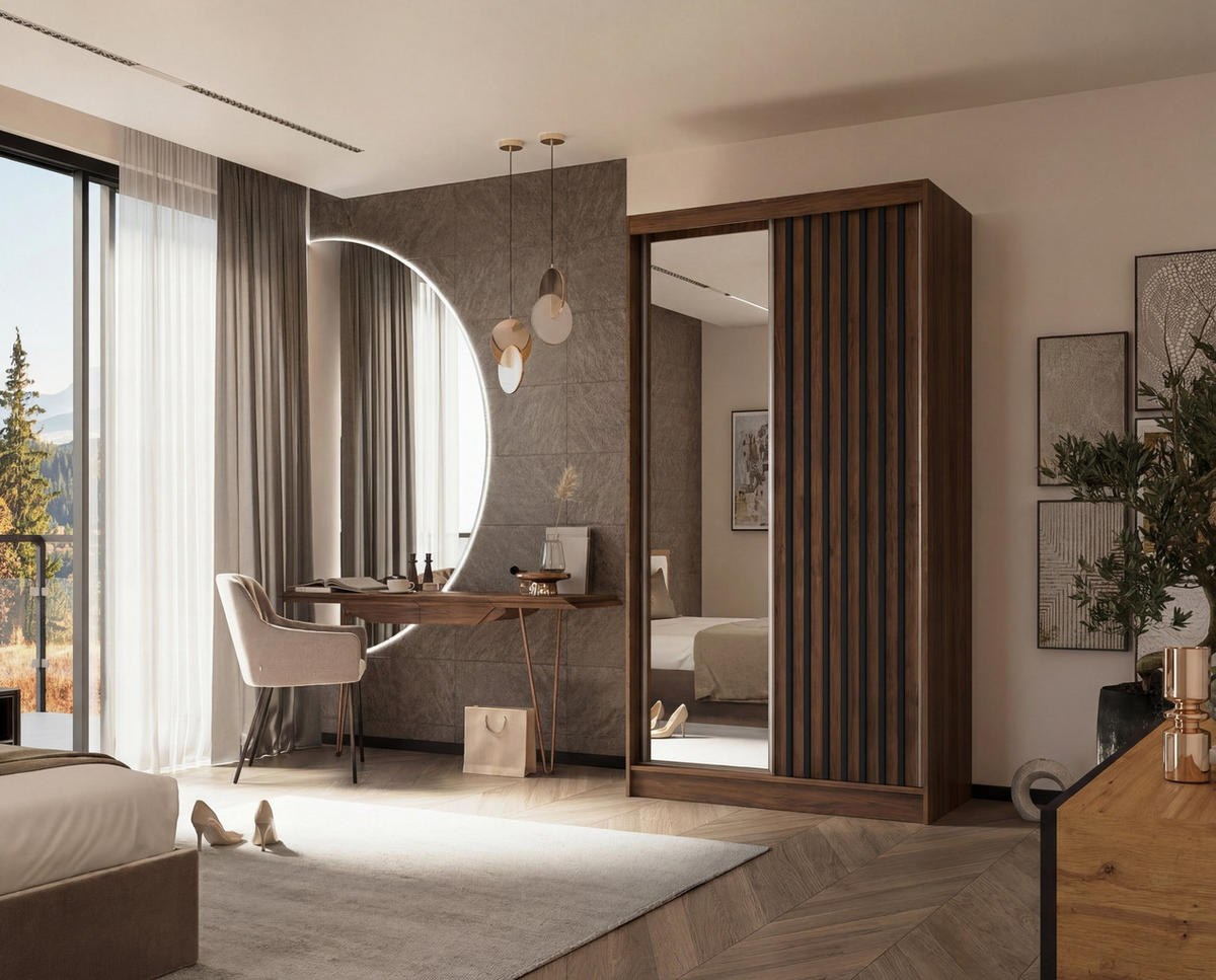 SCHWEBETÜRENSCHRANK LAMELLO 120/216/61 cm Modern Kleiderschrank 2-türig mit Spiegel Nussbaumfarben - Nussbaumfarben, Holzwerkstoff (120/216/61cm) - MASSENO