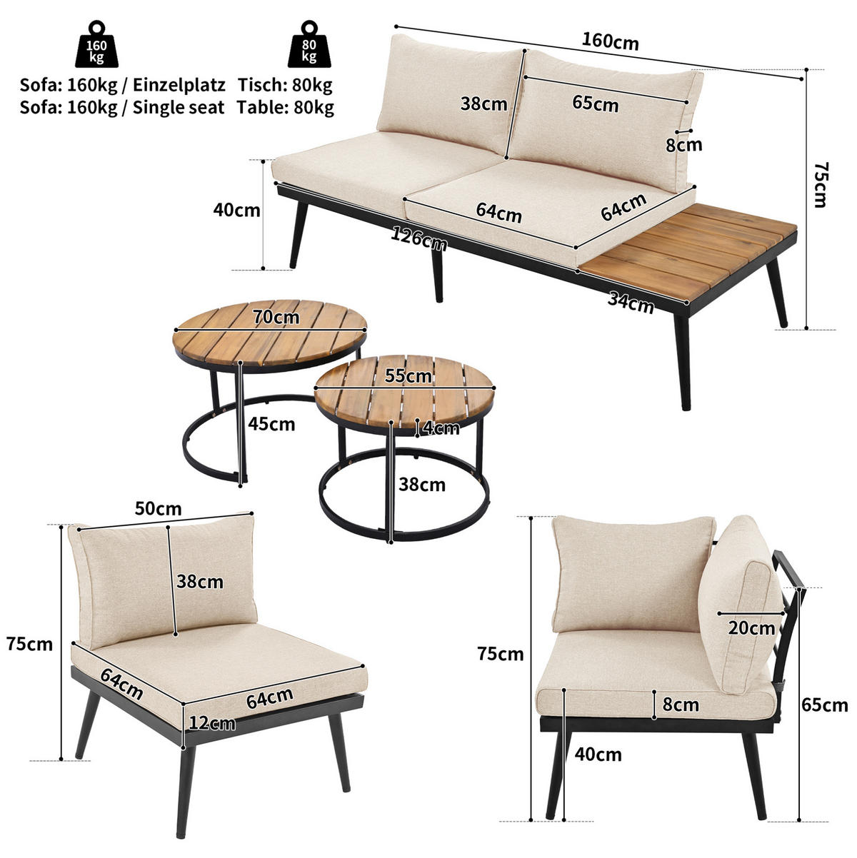 LOUNGEGARNITUR aus Eisen 160x64x75 cm Beige mit 8 cm Kissen - Beige, Metall - Modfu