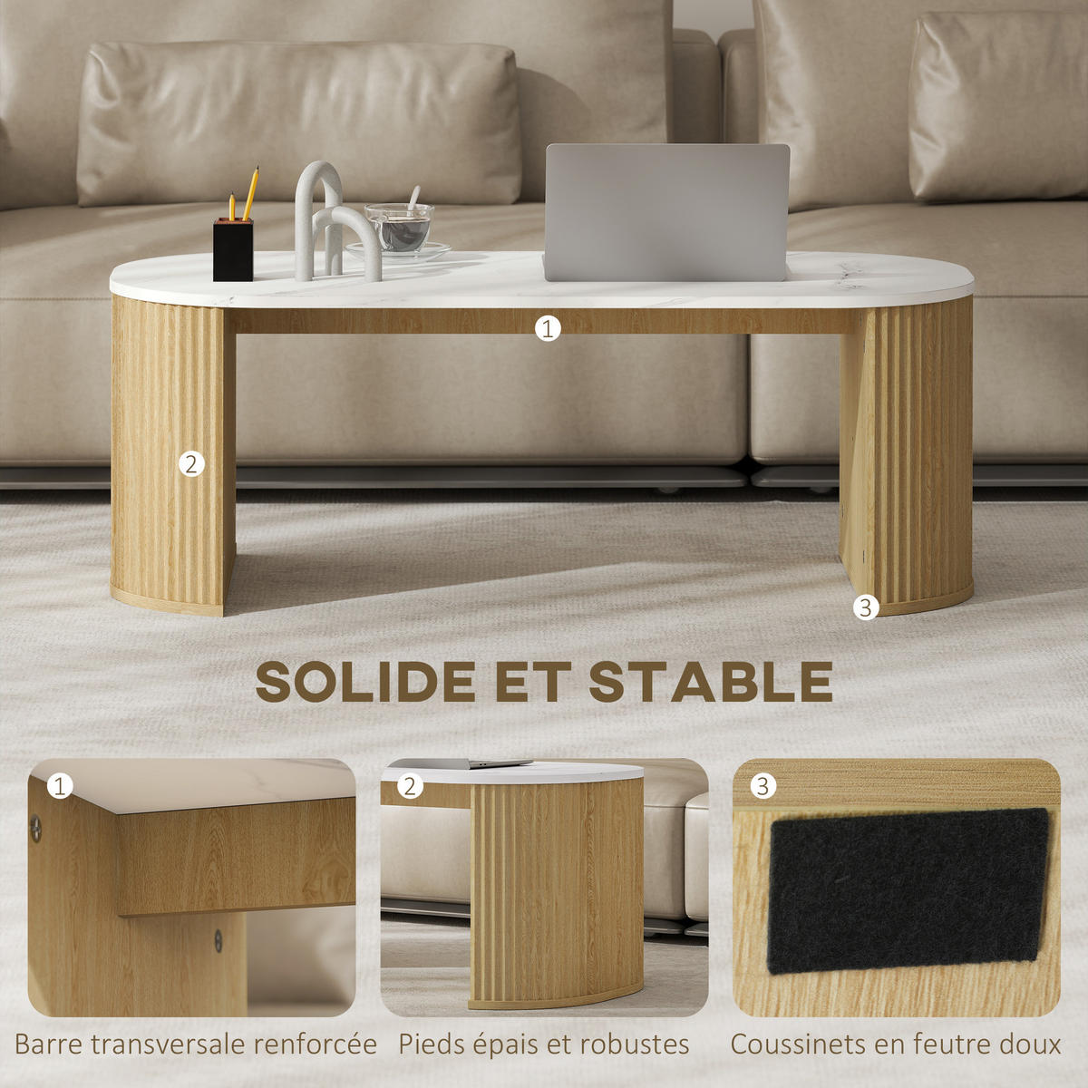 COUCHTISCH DE-15797 oval mit Marmoroptik Weiß - Naturfarben, Holzwerkstoff (110/50/40cm) - ComfortXL