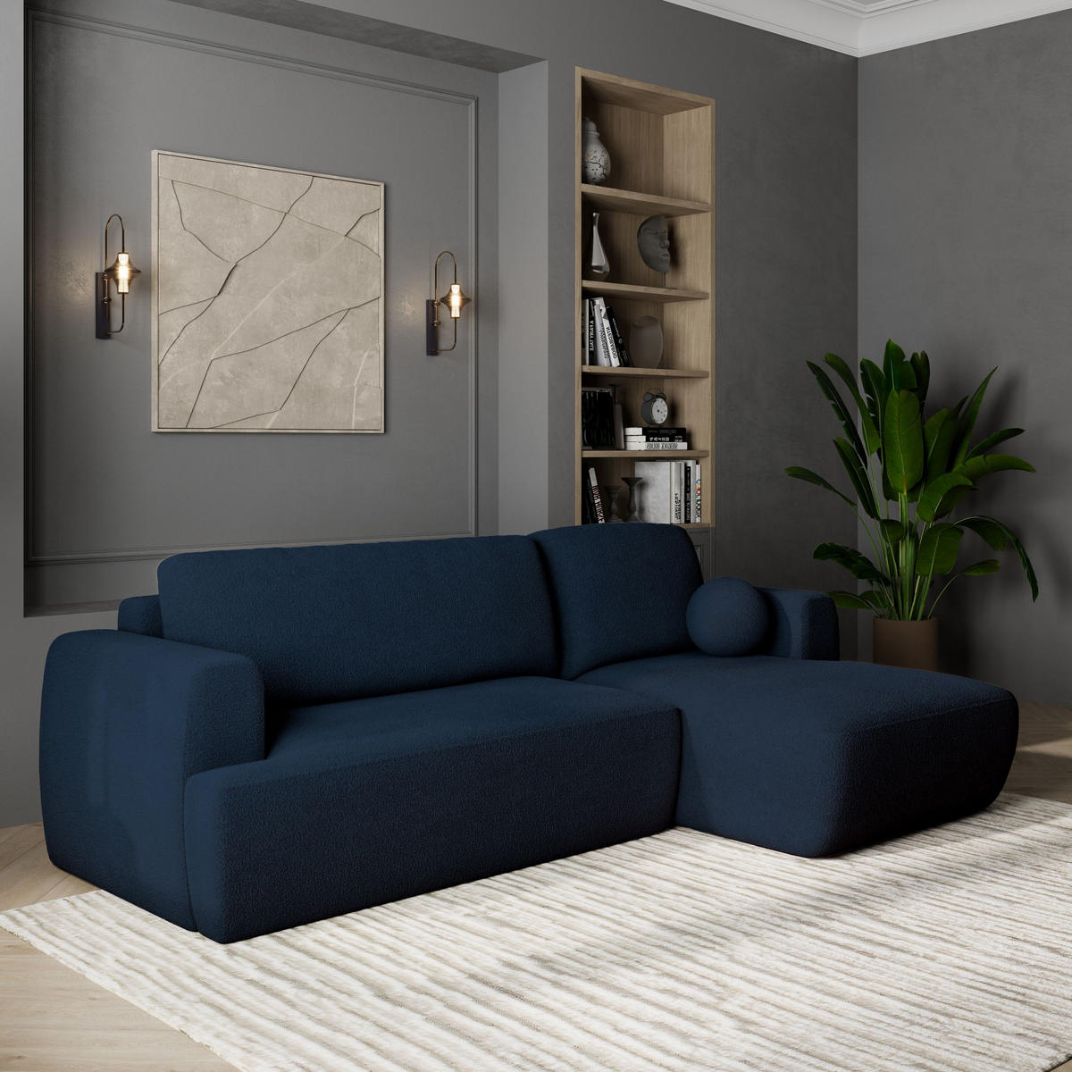 ECKSOFA SENTI N R-S Blau Boucle-Stoff mit Schlaffunktion - Blau, Holz (246/148cm) - MASSENO