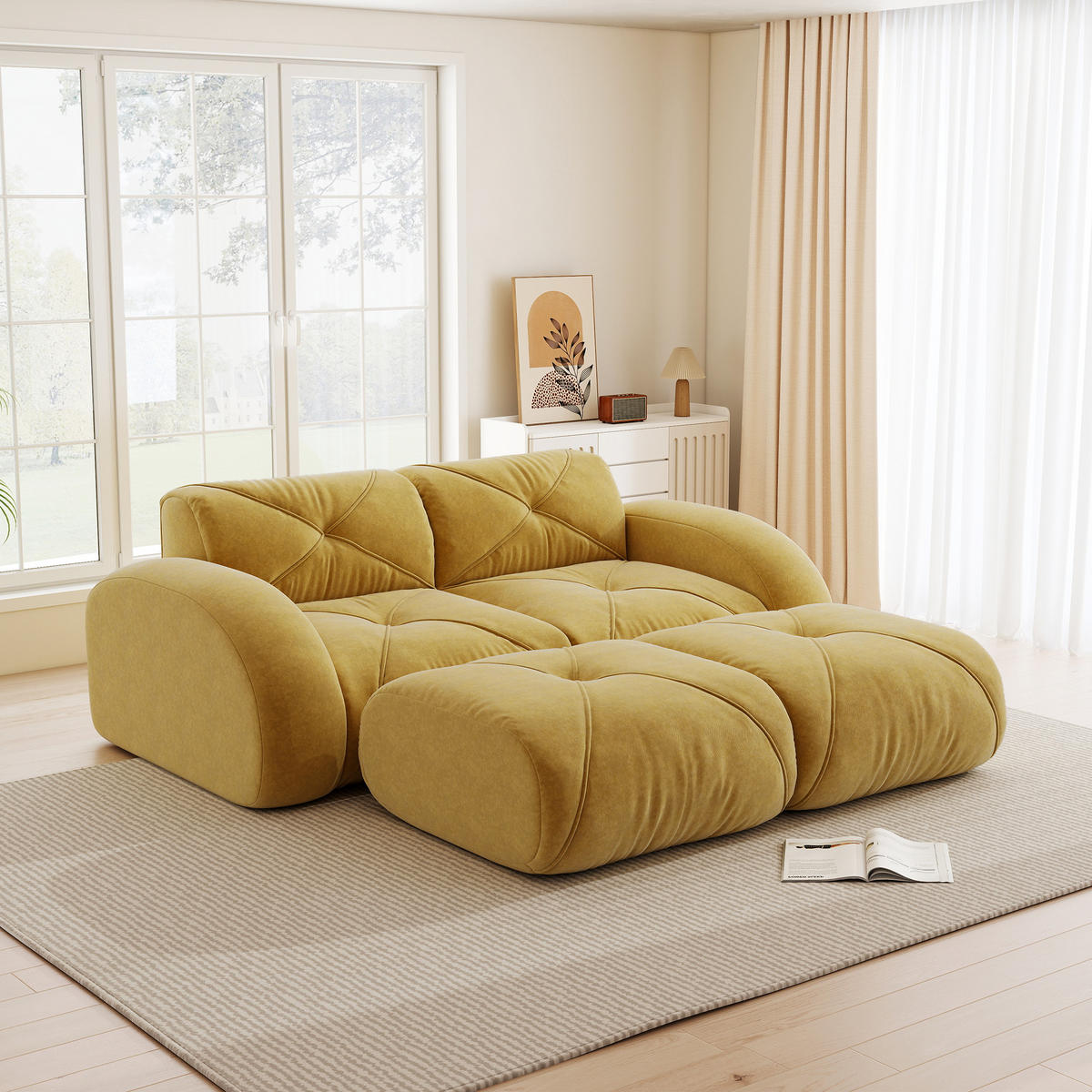 2-SITZER Sofa 204x171x76 cm aus Chenille-Stoff rahmenlos modular mit 2 Hockern, gelb - Gelb, Textil (171/76/204cm)