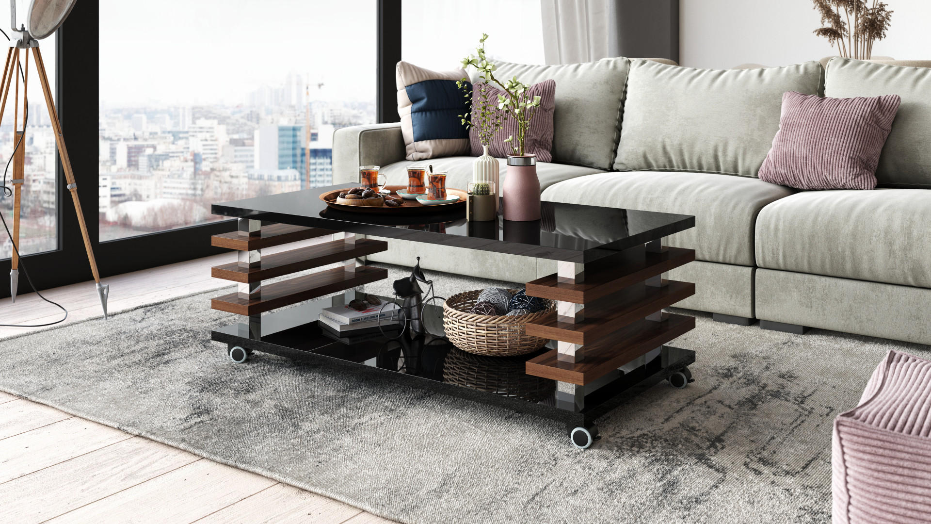 COUCHTISCH rechteckig Schwarz Hochglanz - Nussbaum Ablage Rollen - Schwarz Hochglanz/Nussbaumfarben, Holzwerkstoff (60/120/45cm) - designimpex