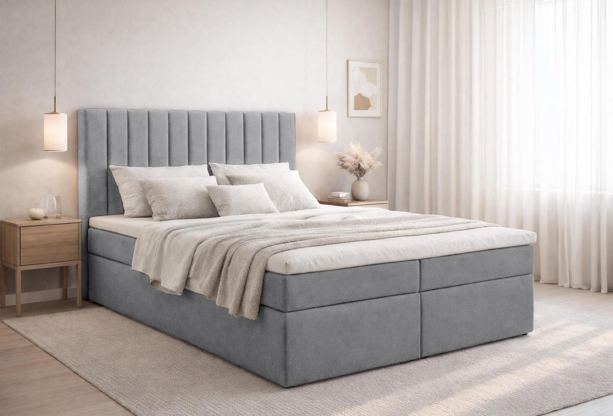 BOXBETT BURSA 180x200 cm mit Bettkasten und Matratze - Grau + TOPPER - Schwarz/Grau, Holz/Holzwerkstoff (180/200cm) - AX Living