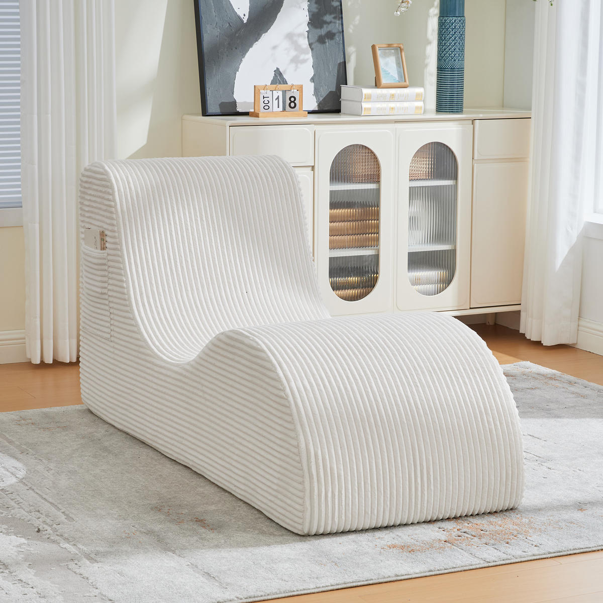 RELAXSESSEL 160/66/90 cm Beige aus Cord mit Seitentasche und Sitzkissen - Beige, Textil (66/90/160cm) - OKWISH